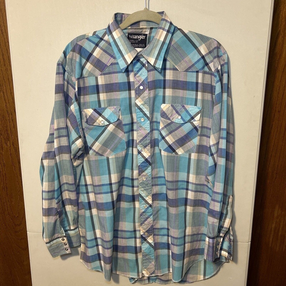 Vintage‎ Wrangler Cowboy Cut X-Long Tails Snap Plaid Size 16.5x33Regular Fit